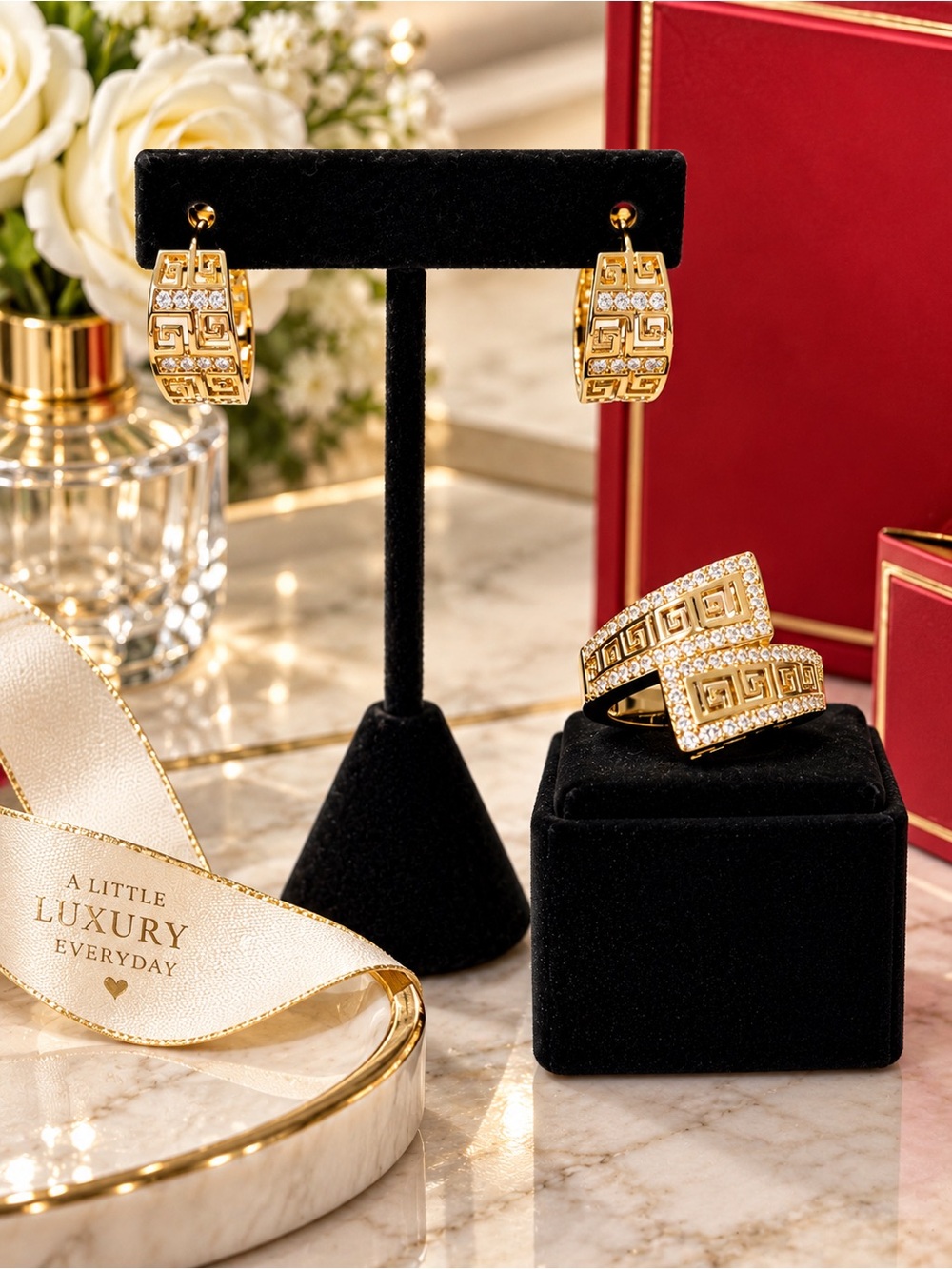 Gold Greek Key Hoop Earrings & Statement Ring Set